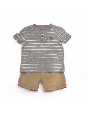 Old Navy Gray & White Striped Baby Boy Shirt and unbranded short outfit.